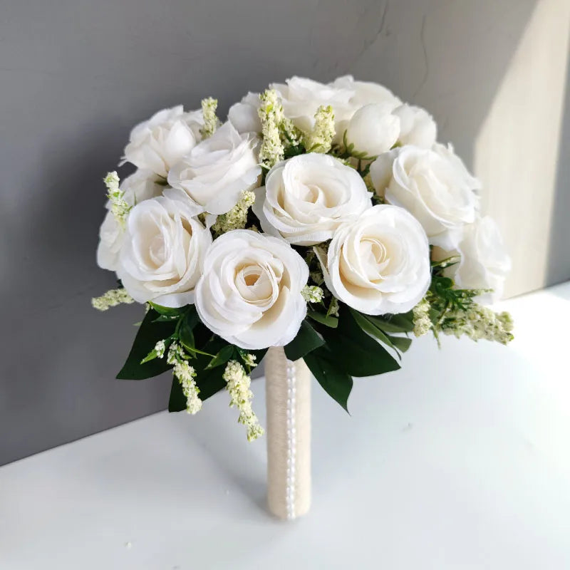 Bouquet White Silk Flowers Roses