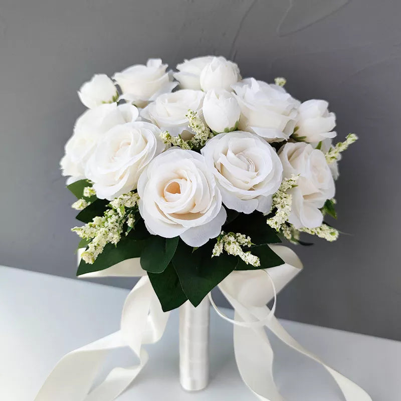 Bouquet White Silk Flowers Roses